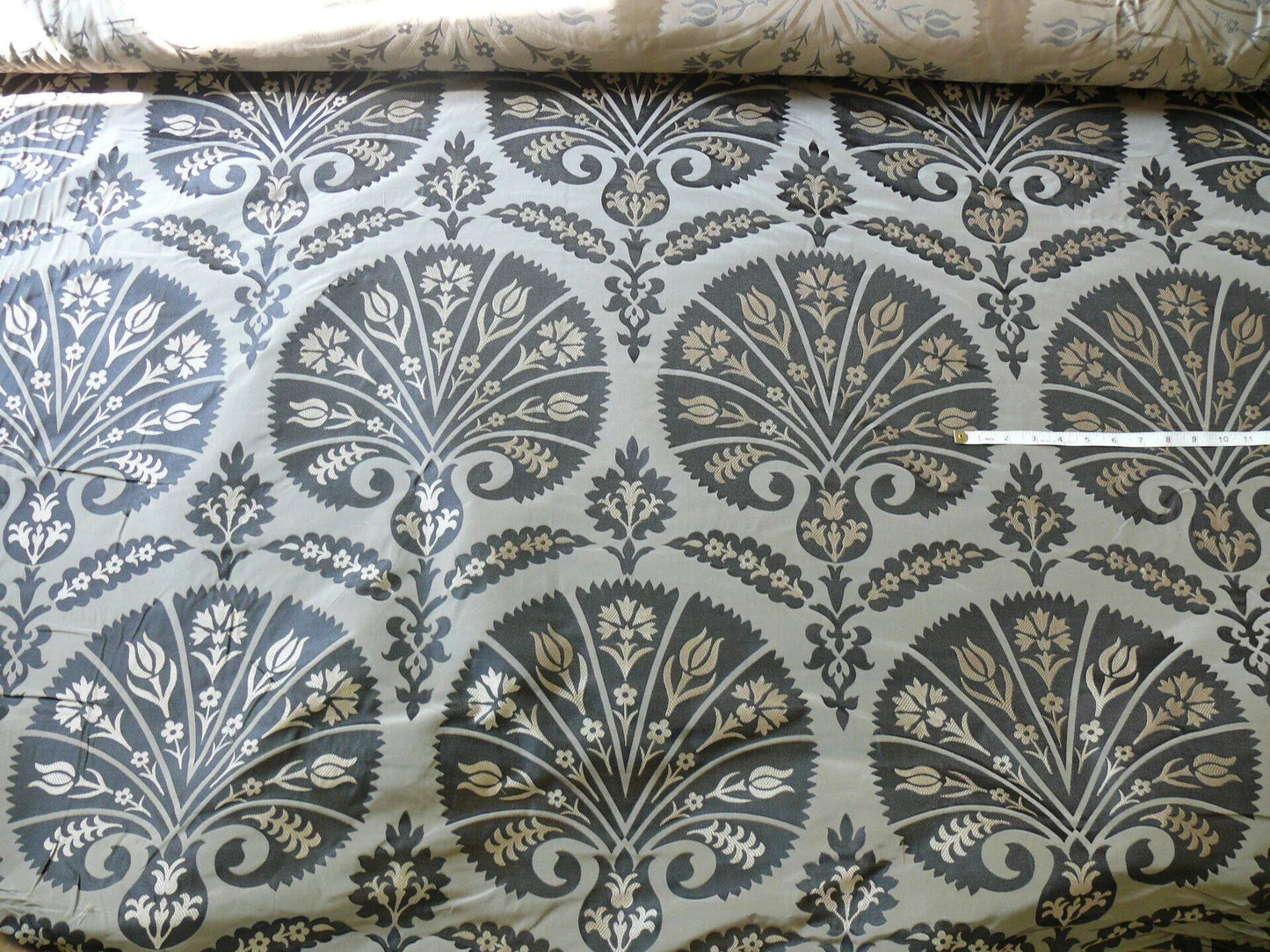 100%silk Lampas Tulip Fan Damask 536 "smoke" Black Charcoal Silver Gold Bty MSRP USD296/y!