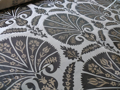 100%silk Lampas Tulip Fan Damask 536 "smoke" Black Charcoal Silver Gold Bty MSRP USD296/y!