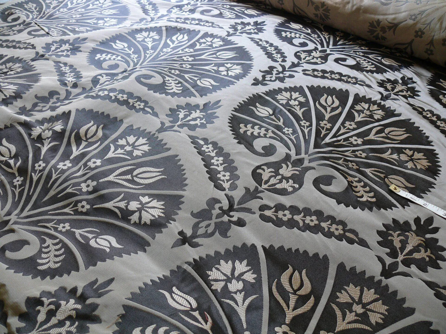 100%silk Lampas Tulip Fan Damask 536 "smoke" Black Charcoal Silver Gold Bty MSRP USD296/y!