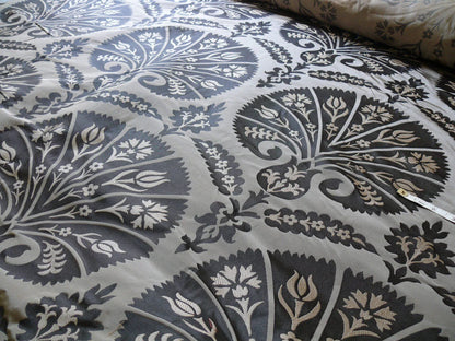 100%silk Lampas Tulip Fan Damask 536 "smoke" Black Charcoal Silver Gold Bty MSRP USD296/y!