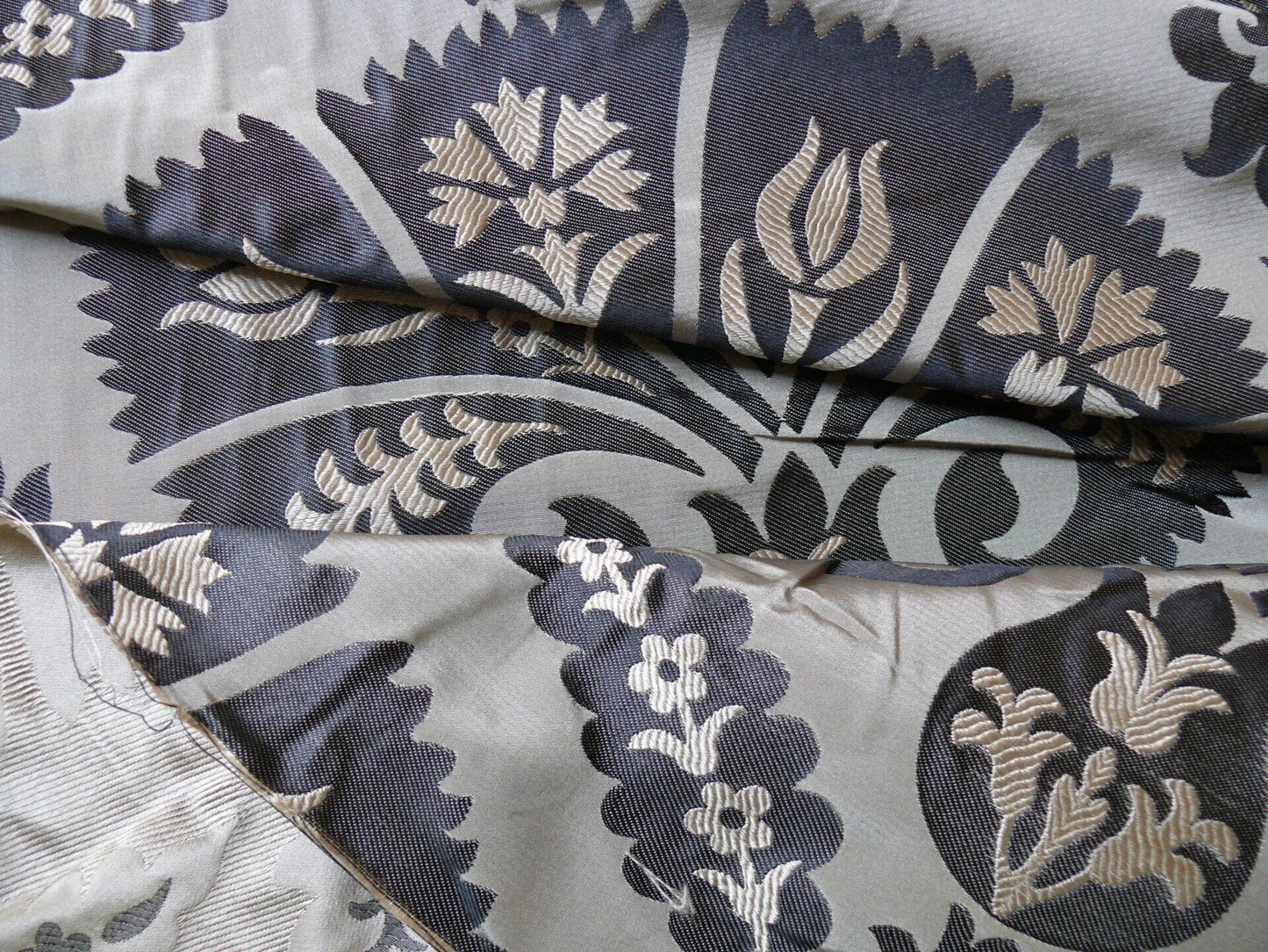 100%silk Lampas Tulip Fan Damask 536 "smoke" Black Charcoal Silver Gold Bty MSRP USD296/y!
