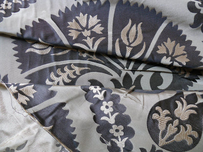 100%silk Lampas Tulip Fan Damask 536 "smoke" Black Charcoal Silver Gold Bty MSRP USD296/y!