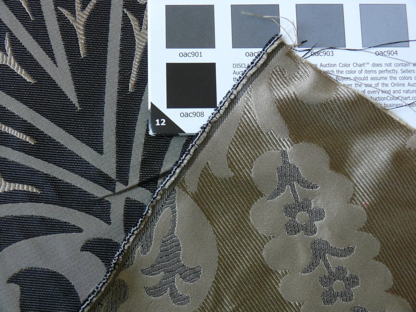 100%silk Lampas Tulip Fan Damask 536 "smoke" Black Charcoal Silver Gold Bty MSRP USD296/y!