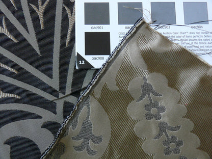 100%silk Lampas Tulip Fan Damask 536 "smoke" Black Charcoal Silver Gold Bty MSRP USD296/y!