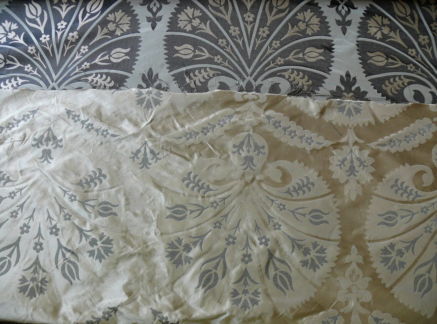 100%silk Lampas Tulip Fan Damask 536 "smoke" Black Charcoal Silver Gold Bty MSRP USD296/y!
