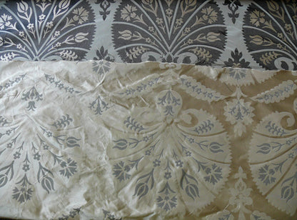 100%silk Lampas Tulip Fan Damask 536 "smoke" Black Charcoal Silver Gold Bty MSRP USD296/y!