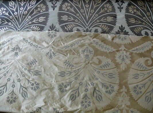 100%silk Lampas Tulip Fan Damask 536 "smoke" Black Charcoal Silver Gold Bty MSRP USD296/y!