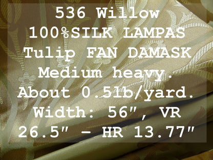 by yard 100%silk Lampas Tulip Fan Damask 536 "willow" Pale Green Silver Gold Bty MSRP USD296/y!
