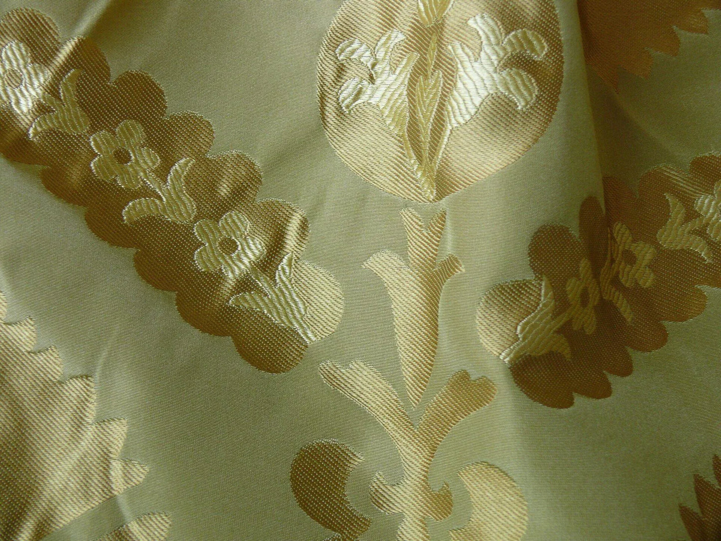 by yard 100%silk Lampas Tulip Fan Damask 536 "willow" Pale Green Silver Gold Bty MSRP USD296/y!