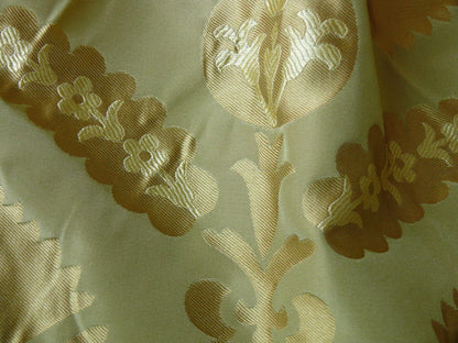 by yard 100%silk Lampas Tulip Fan Damask 536 "willow" Pale Green Silver Gold Bty MSRP USD296/y!
