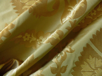 by yard 100%silk Lampas Tulip Fan Damask 536 "willow" Pale Green Silver Gold Bty MSRP USD296/y!