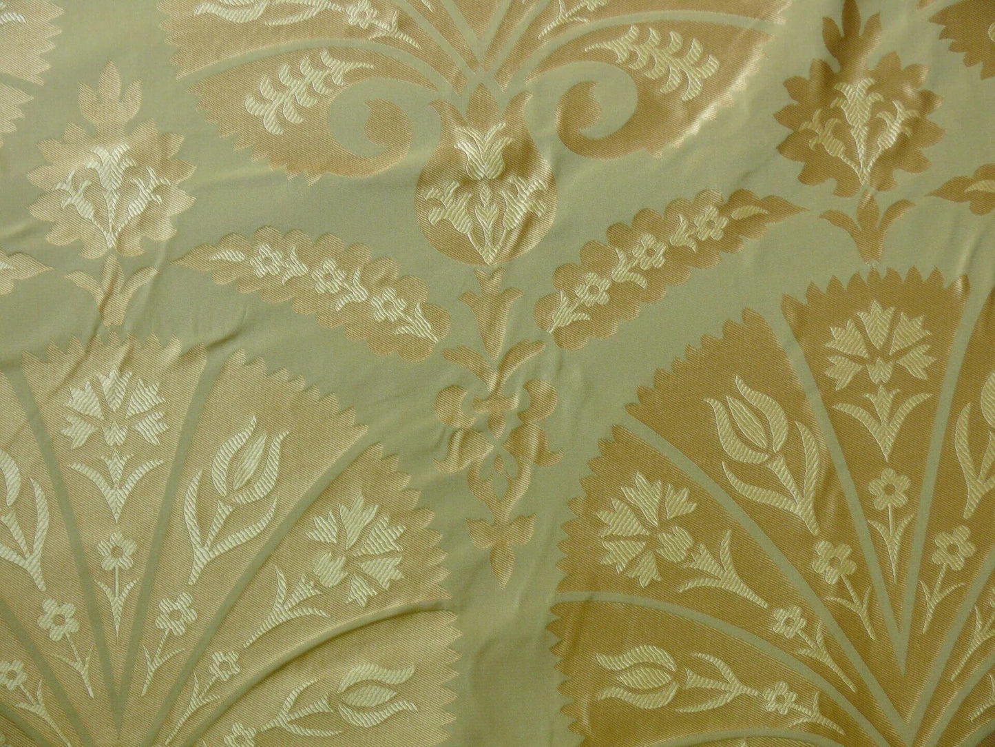 by yard 100%silk Lampas Tulip Fan Damask 536 "willow" Pale Green Silver Gold Bty MSRP USD296/y!