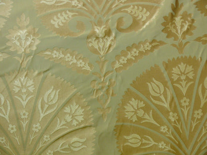by yard 100%silk Lampas Tulip Fan Damask 536 "willow" Pale Green Silver Gold Bty MSRP USD296/y!