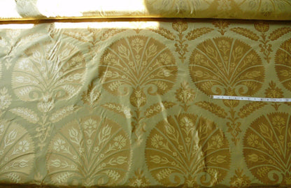 by yard 100%silk Lampas Tulip Fan Damask 536 "willow" Pale Green Silver Gold Bty MSRP USD296/y!