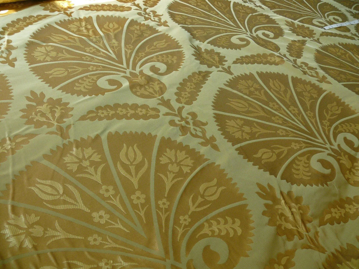 by yard 100%silk Lampas Tulip Fan Damask 536 "willow" Pale Green Silver Gold Bty MSRP USD296/y!