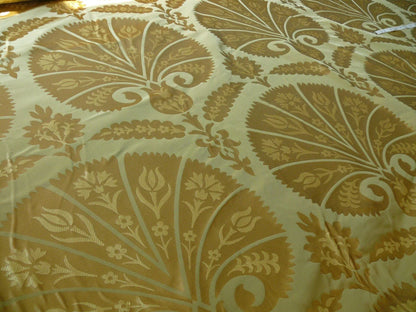 by yard 100%silk Lampas Tulip Fan Damask 536 "willow" Pale Green Silver Gold Bty MSRP USD296/y!