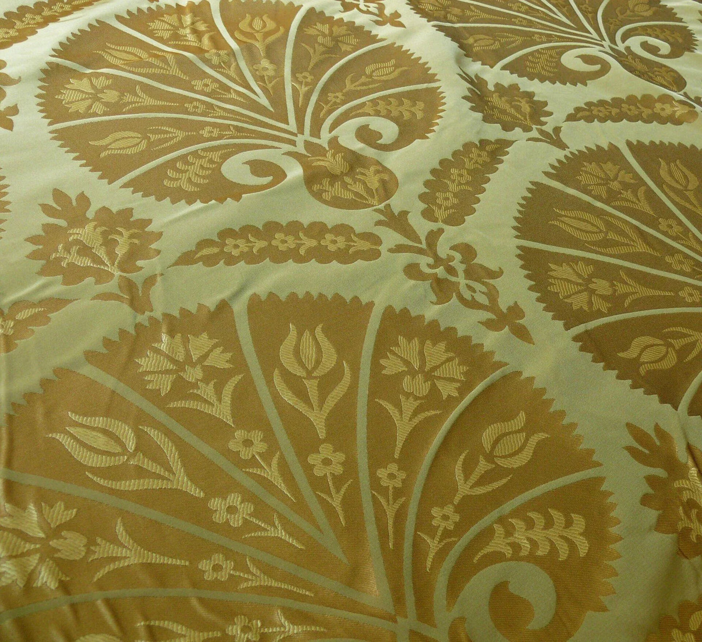 by yard 100%silk Lampas Tulip Fan Damask 536 "willow" Pale Green Silver Gold Bty MSRP USD296/y!