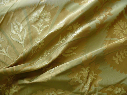 by yard 100%silk Lampas Tulip Fan Damask 536 "willow" Pale Green Silver Gold Bty MSRP USD296/y!