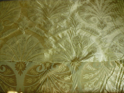 by yard 100%silk Lampas Tulip Fan Damask 536 "willow" Pale Green Silver Gold Bty MSRP USD296/y!