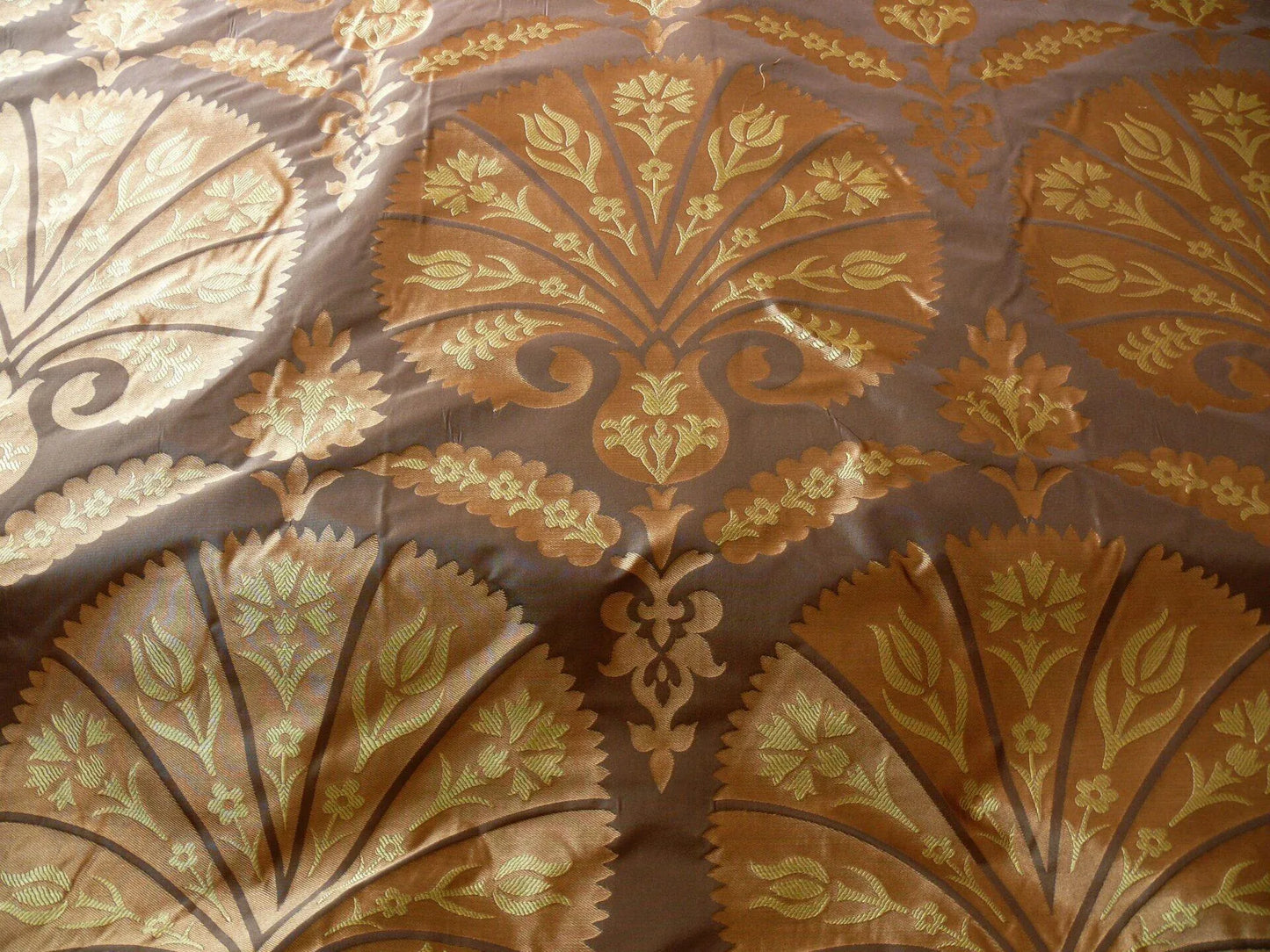 100% Silk Lampas Tulip Fan Damask 536 "sumatra" Brown Charcoal Silver Gold Bty MSRP USD296/y!