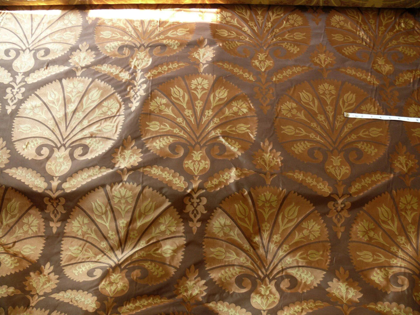100% Silk Lampas Tulip Fan Damask 536 "sumatra" Brown Charcoal Silver Gold Bty MSRP USD296/y!