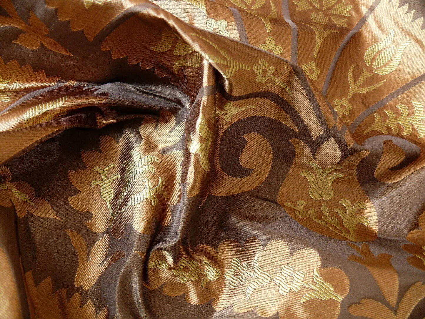 100% Silk Lampas Tulip Fan Damask 536 "sumatra" Brown Charcoal Silver Gold Bty MSRP USD296/y!