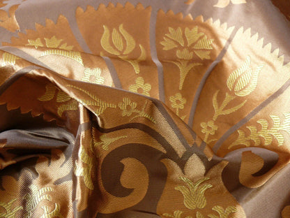 100% Silk Lampas Tulip Fan Damask 536 "sumatra" Brown Charcoal Silver Gold Bty MSRP USD296/y!