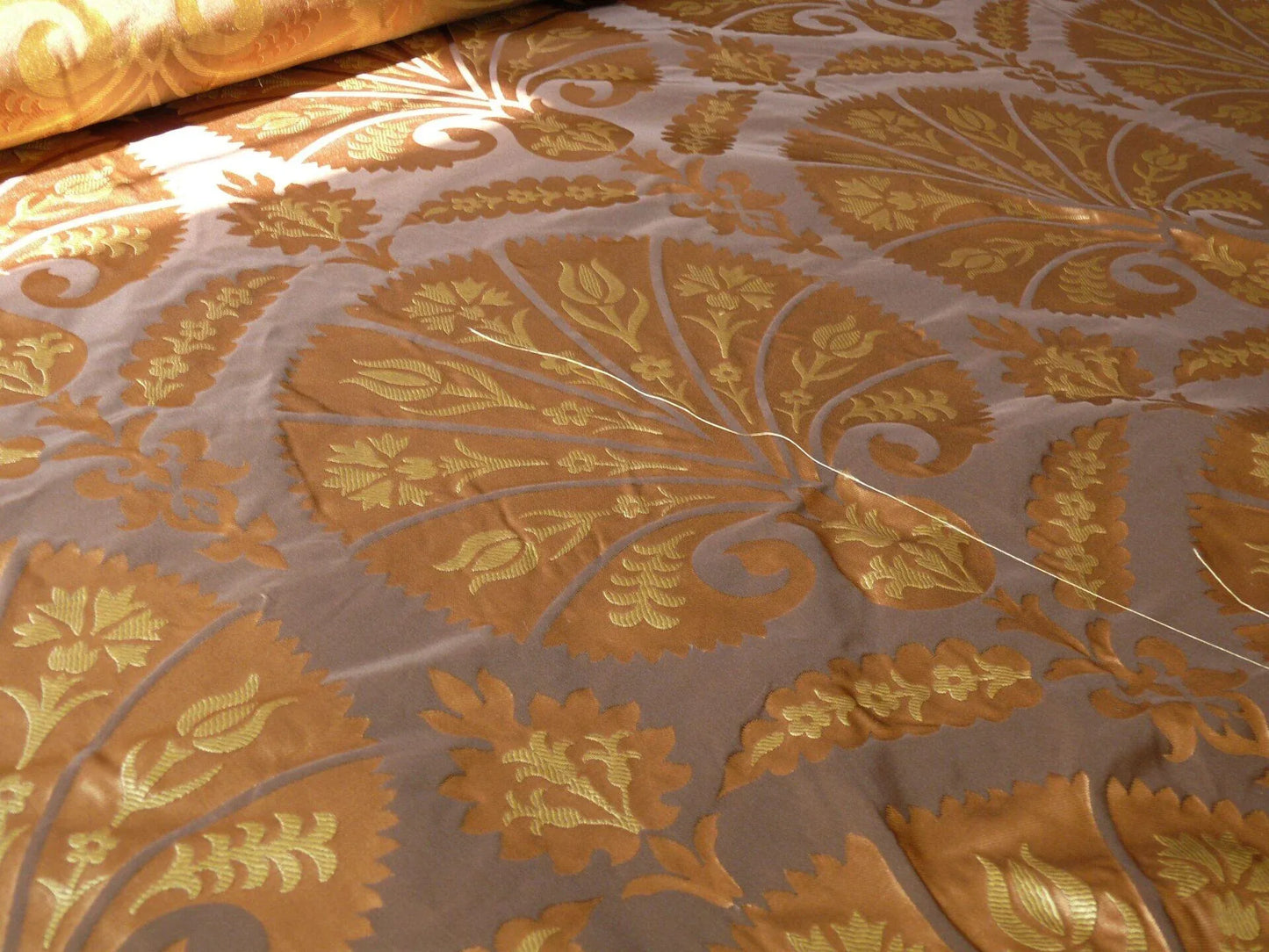 100% Silk Lampas Tulip Fan Damask 536 "sumatra" Brown Charcoal Silver Gold Bty MSRP USD296/y!
