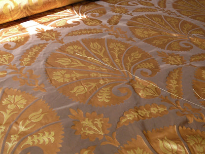 100% Silk Lampas Tulip Fan Damask 536 "sumatra" Brown Charcoal Silver Gold Bty MSRP USD296/y!