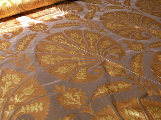 100% Silk Lampas Tulip Fan Damask 536 "sumatra" Brown Charcoal Silver Gold Bty MSRP USD296/y!