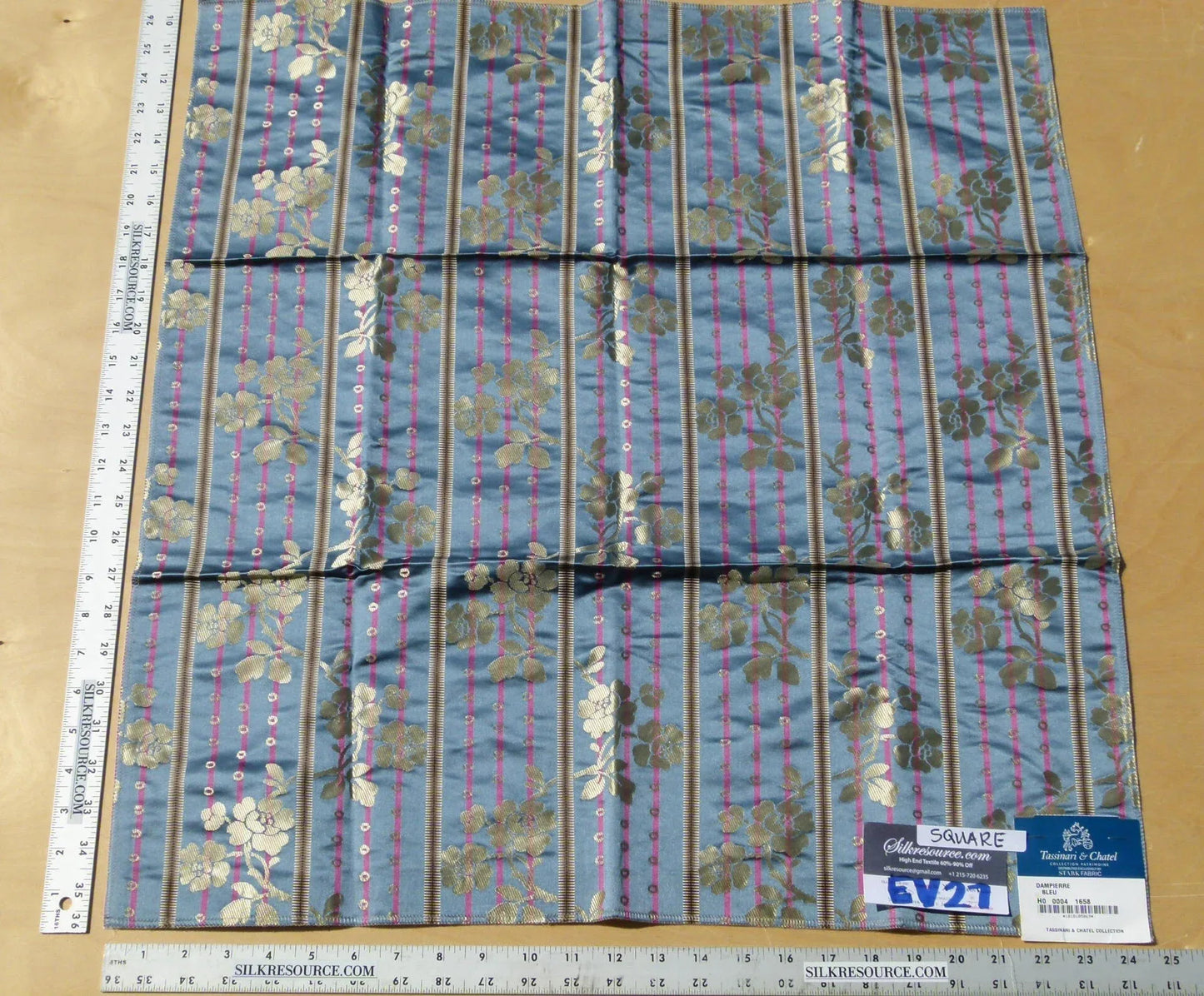 Scalamandre Tassinari &amp; Chatel Dampierre Bleu Floral Botanical Silk Stripe Blue - Square 26"x26"