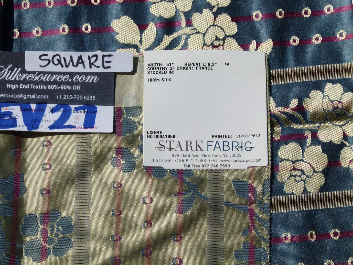 Scalamandre Tassinari &amp; Chatel Dampierre Bleu Floral Botanical Silk Stripe Blue - Square 26"x26"