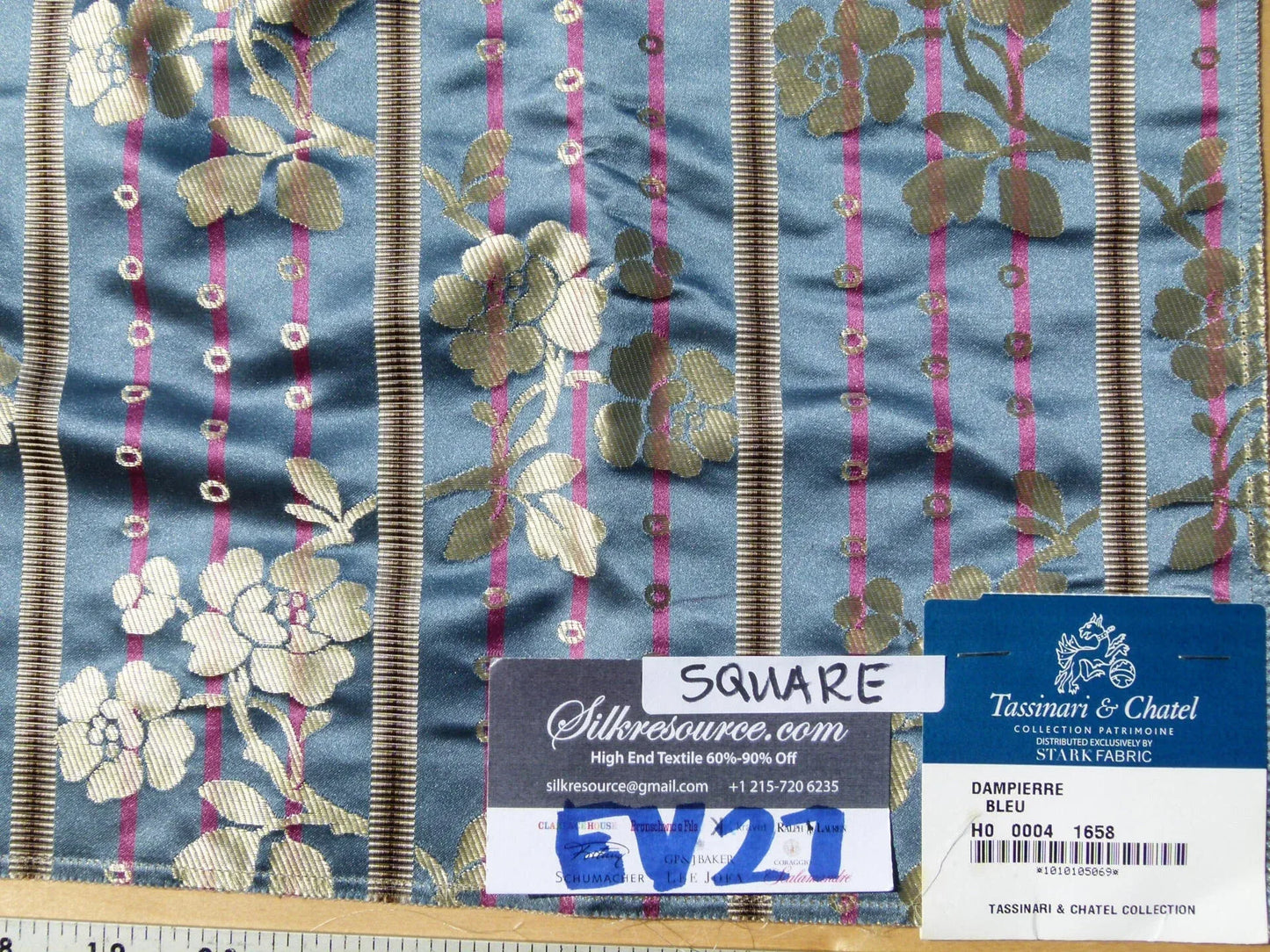 Scalamandre Tassinari &amp; Chatel Dampierre Bleu Floral Botanical Silk Stripe Blue - Square 26"x26"
