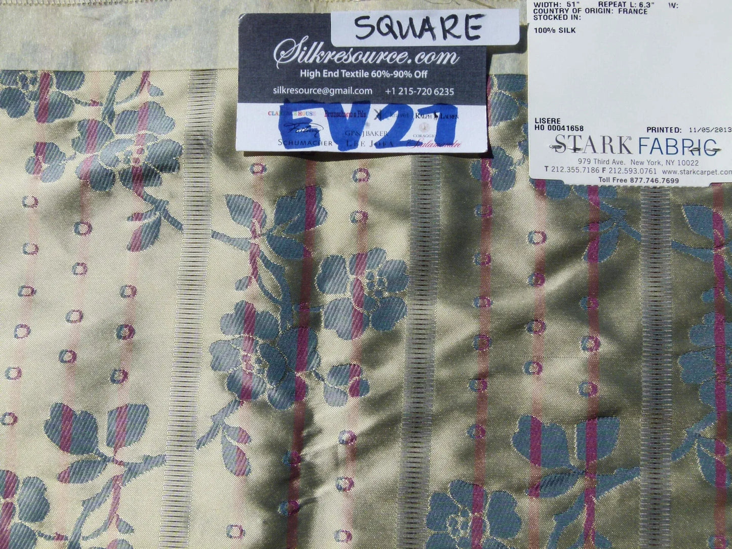 Scalamandre Tassinari &amp; Chatel Dampierre Bleu Floral Botanical Silk Stripe Blue - Square 26"x26"