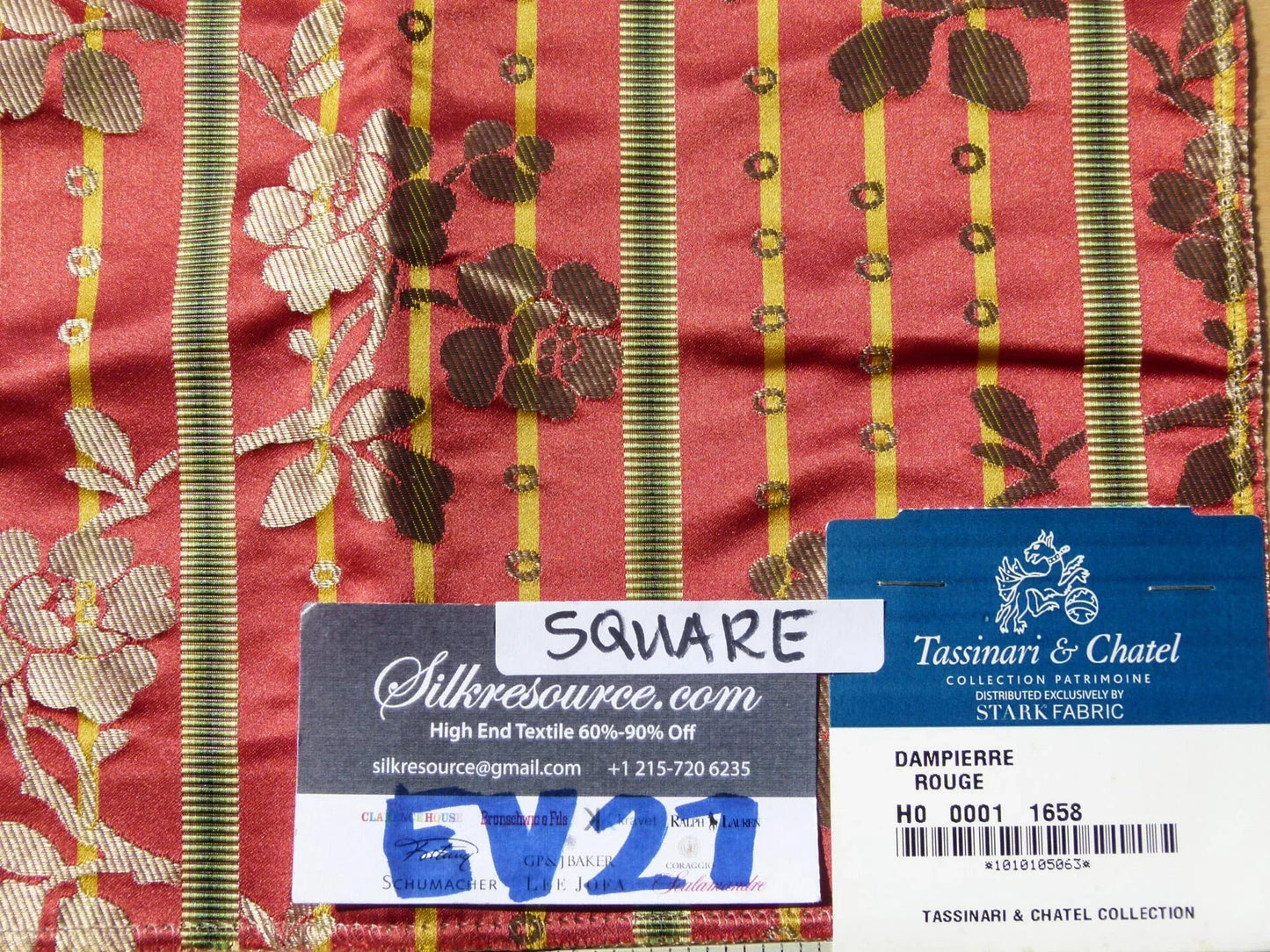 Scalamandre Tassinari &amp; Chatel France Dampierre Rouge Floral Botanical Silk Stripe Red - Square 26"x26"