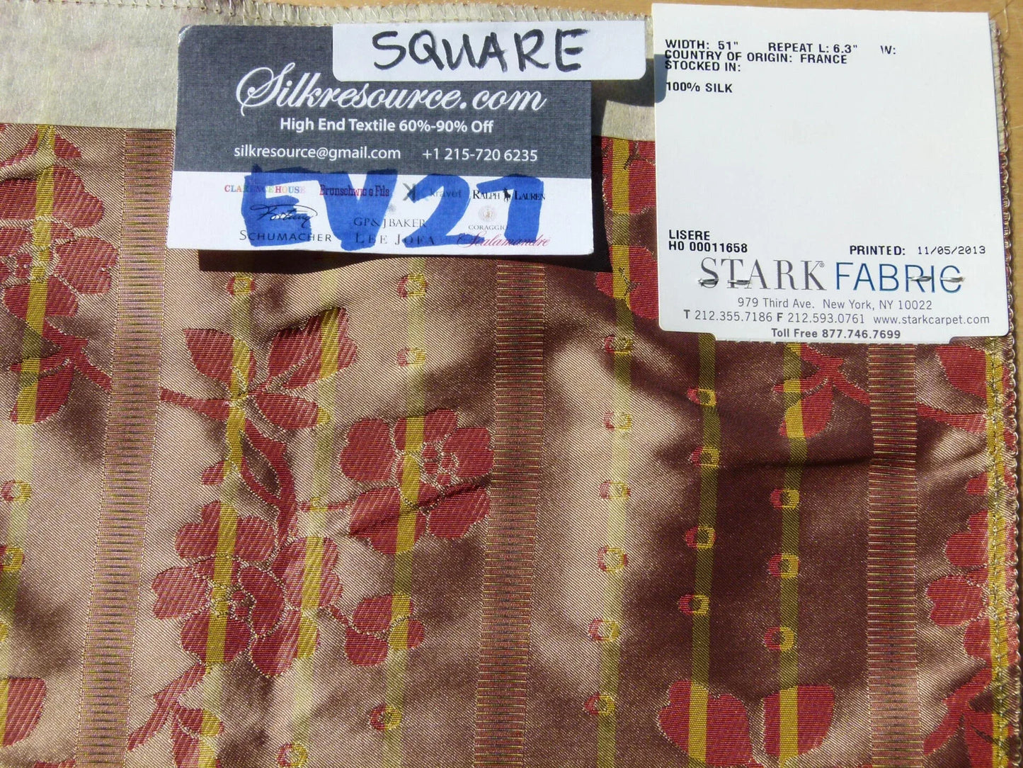 Scalamandre Tassinari &amp; Chatel France Dampierre Rouge Floral Botanical Silk Stripe Red - Square 26"x26"