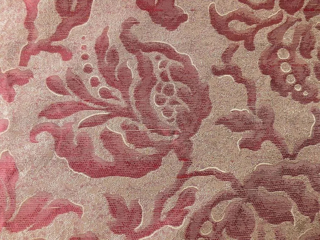 100% Silk Jacquard Papercut Pomegranate Flower "currant" Red Pink Gold Mid Century Strie