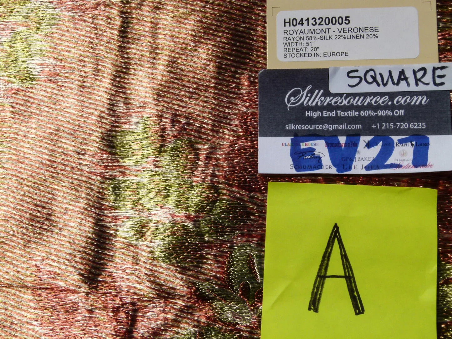 Scalamandre LELIEVRE Paris Silk Lampas Floral Green - Square  - Piece A 24"x26"