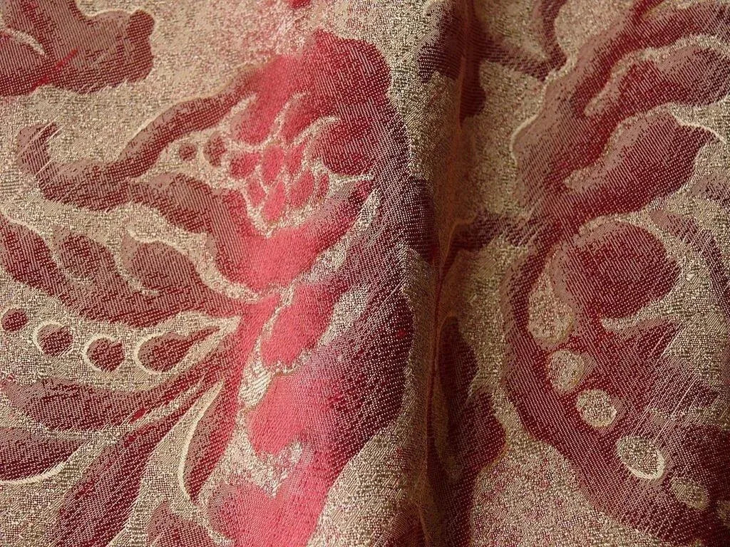 100% Silk Jacquard Papercut Pomegranate Flower "currant" Red Pink Gold Mid Century Strie
