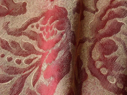 100% Silk Jacquard Papercut Pomegranate Flower "currant" Red Pink Gold Mid Century Strie