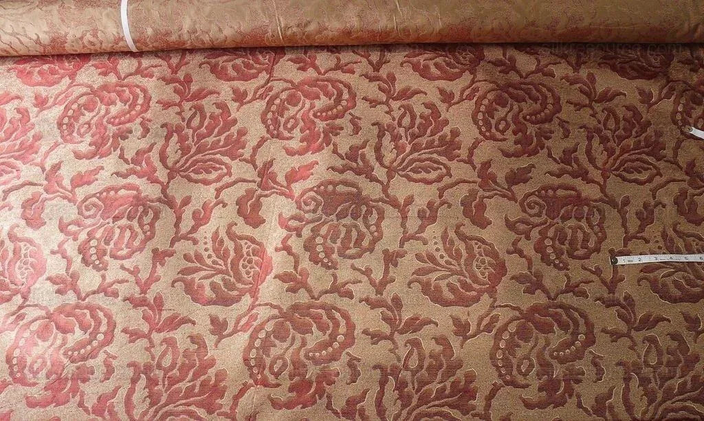 100% Silk Jacquard Papercut Pomegranate Flower "currant" Red Pink Gold Mid Century Strie