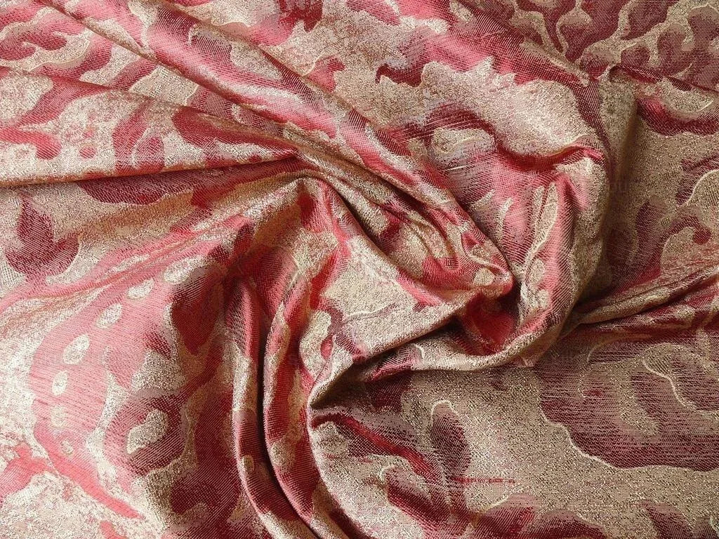 100% Silk Jacquard Papercut Pomegranate Flower "currant" Red Pink Gold Mid Century Strie