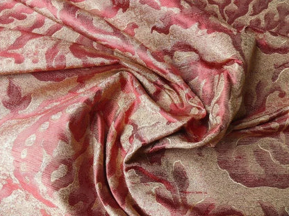 100% Silk Jacquard Papercut Pomegranate Flower "currant" Red Pink Gold Mid Century Strie