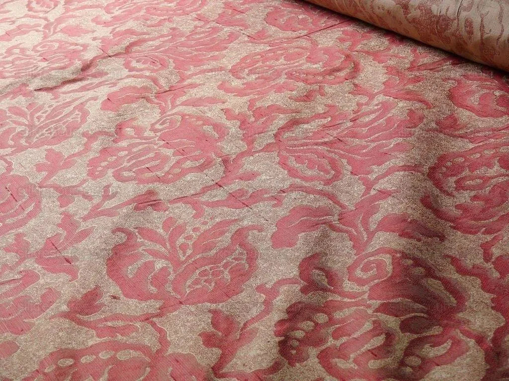 100% Silk Jacquard Papercut Pomegranate Flower "currant" Red Pink Gold Mid Century Strie