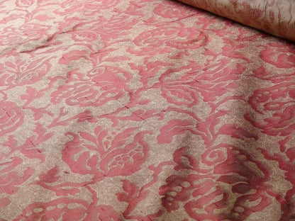 100% Silk Jacquard Papercut Pomegranate Flower "currant" Red Pink Gold Mid Century Strie