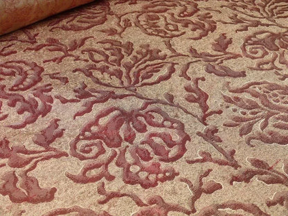 100% Silk Jacquard Papercut Pomegranate Flower "currant" Red Pink Gold Mid Century Strie