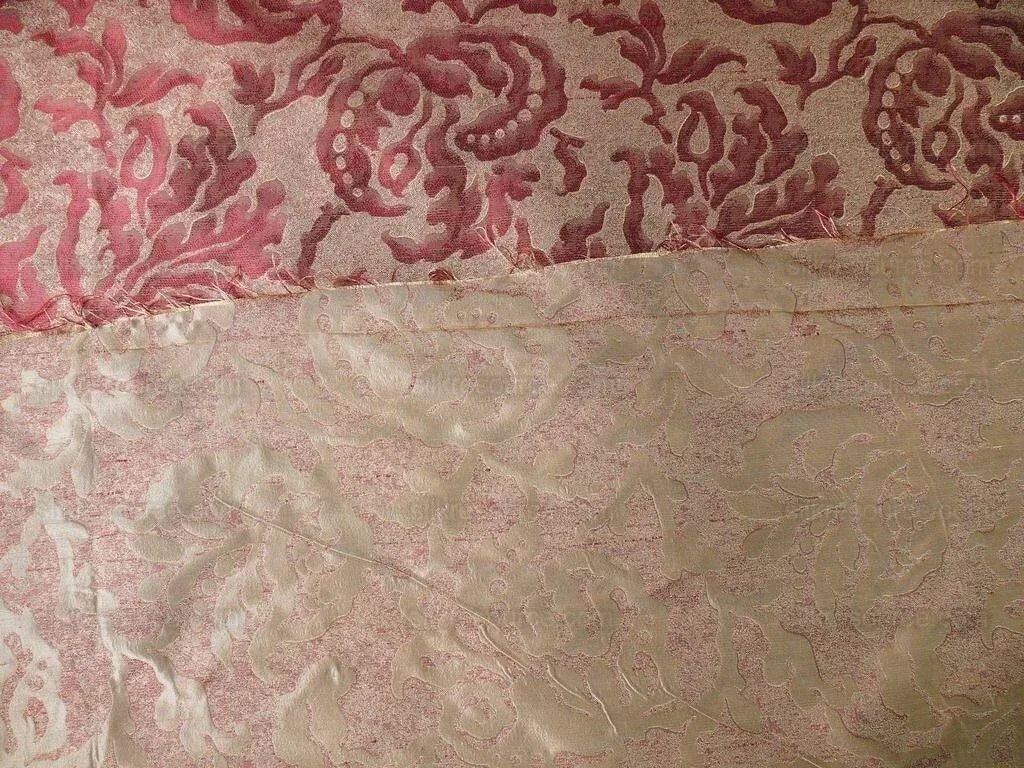 100% Silk Jacquard Papercut Pomegranate Flower "currant" Red Pink Gold Mid Century Strie