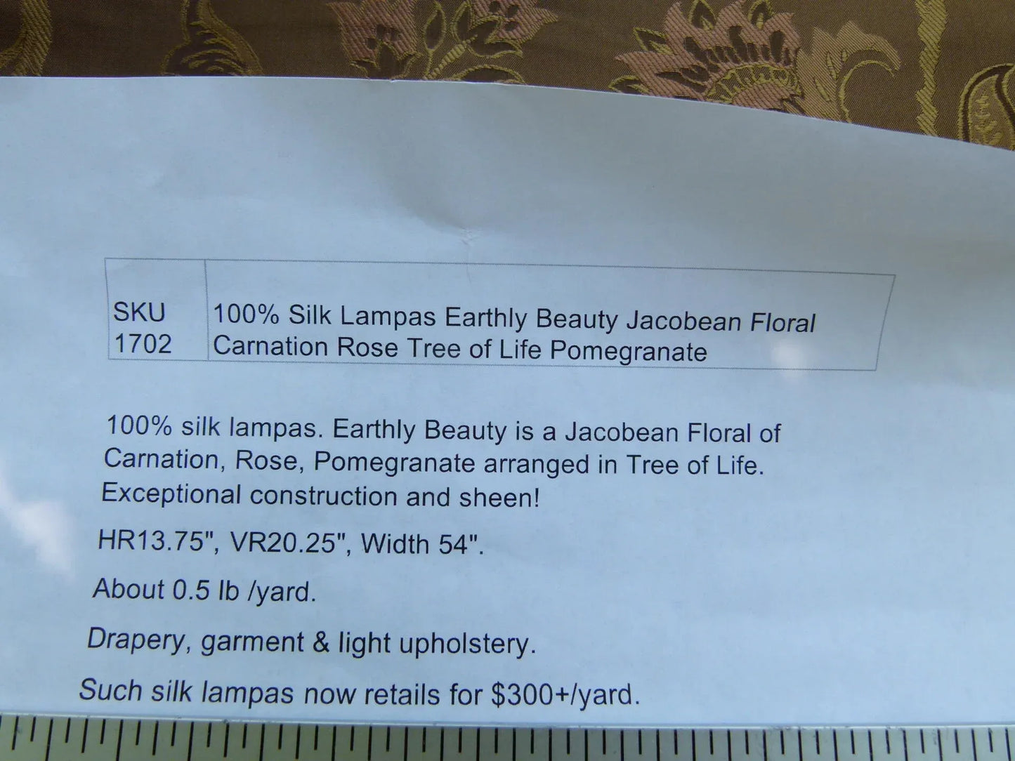 Earthly Beauty 100% Silk Lampas Jacobean Floral Tobacco Golden Brown Pink Flower Carnation Rose Tree of Life Pomegranate