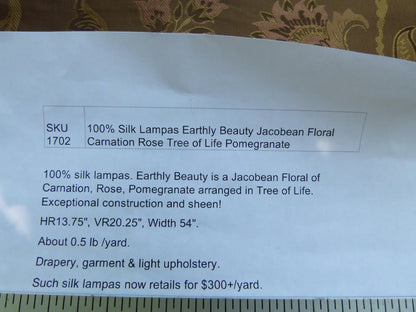 Earthly Beauty 100% Silk Lampas Jacobean Floral Tobacco Golden Brown Pink Flower Carnation Rose Tree of Life Pomegranate