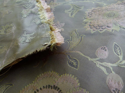 Earthly Beauty 100% Silk Lampas Jacobean Floral Tobacco Golden Brown Pink Flower Carnation Rose Tree of Life Pomegranate